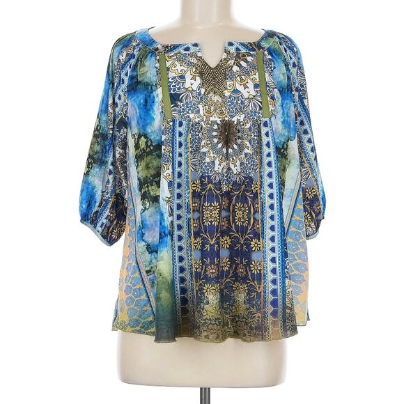 Y2K Top One World Boho Fairycore Grunge Peasant Blouse Blue Green Hippie Size S - Picture 1 of 9